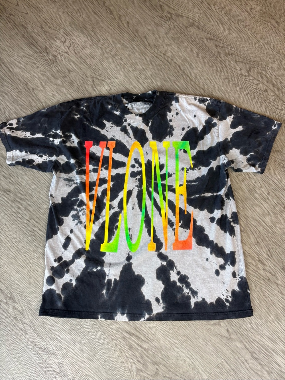VLONE Black & White Tie-Dye Tee with Neon Gradient Logo